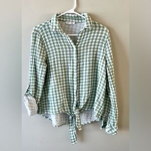 BeachLunchLounge Gingham Green Button-Up Shirt - Tie Front - 100% Cotton - M